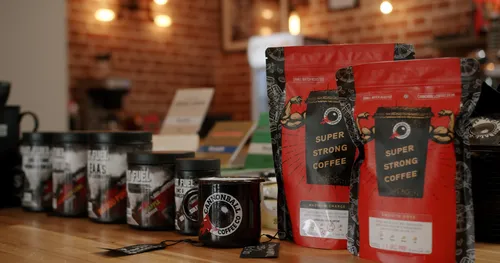 Canonball coffee bags of coffee on a countertop